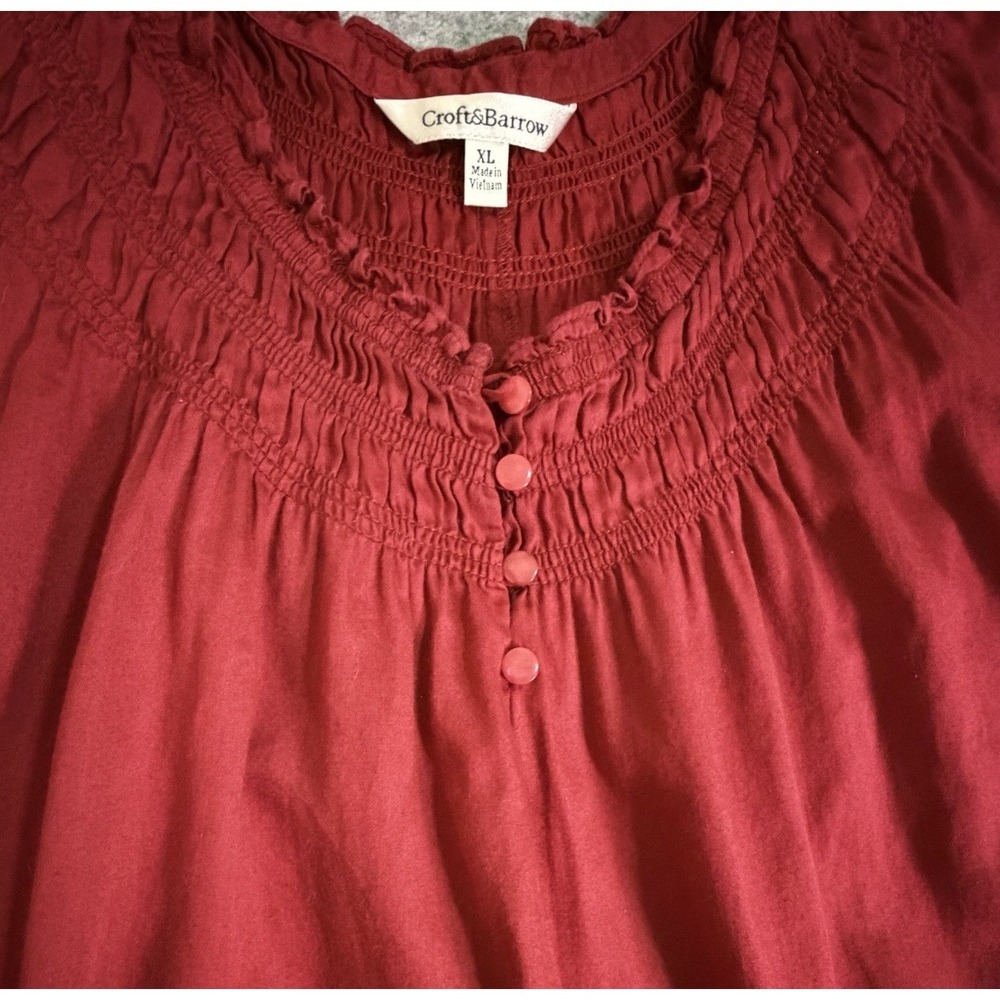 Red Smocked Neck Cap Sleeve Button Front Top XL Cotton‎ Bohemian Festival - Picture 2 of 7